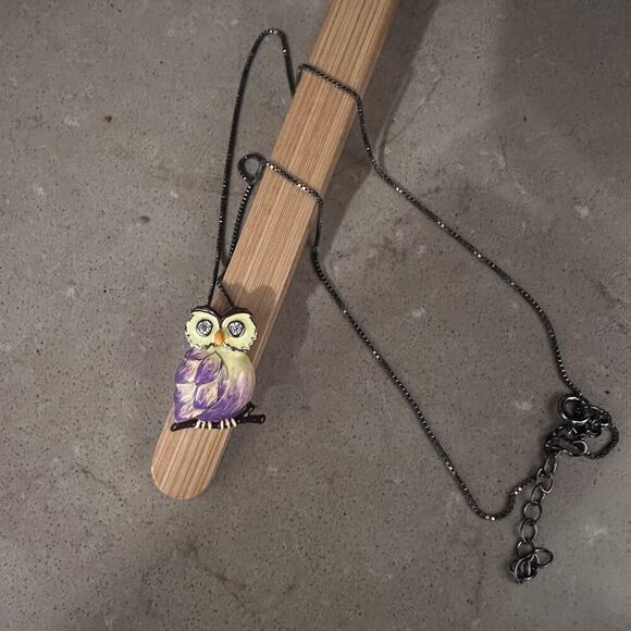 Sterling Silver Hand-Painted Modish Owl with Clear CZ Pendant Necklace - Picture 4 of 6